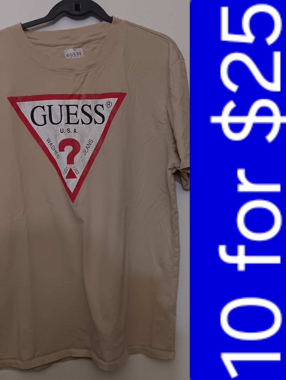 GUESS Beige Logo Triangle Tee with Red Accent